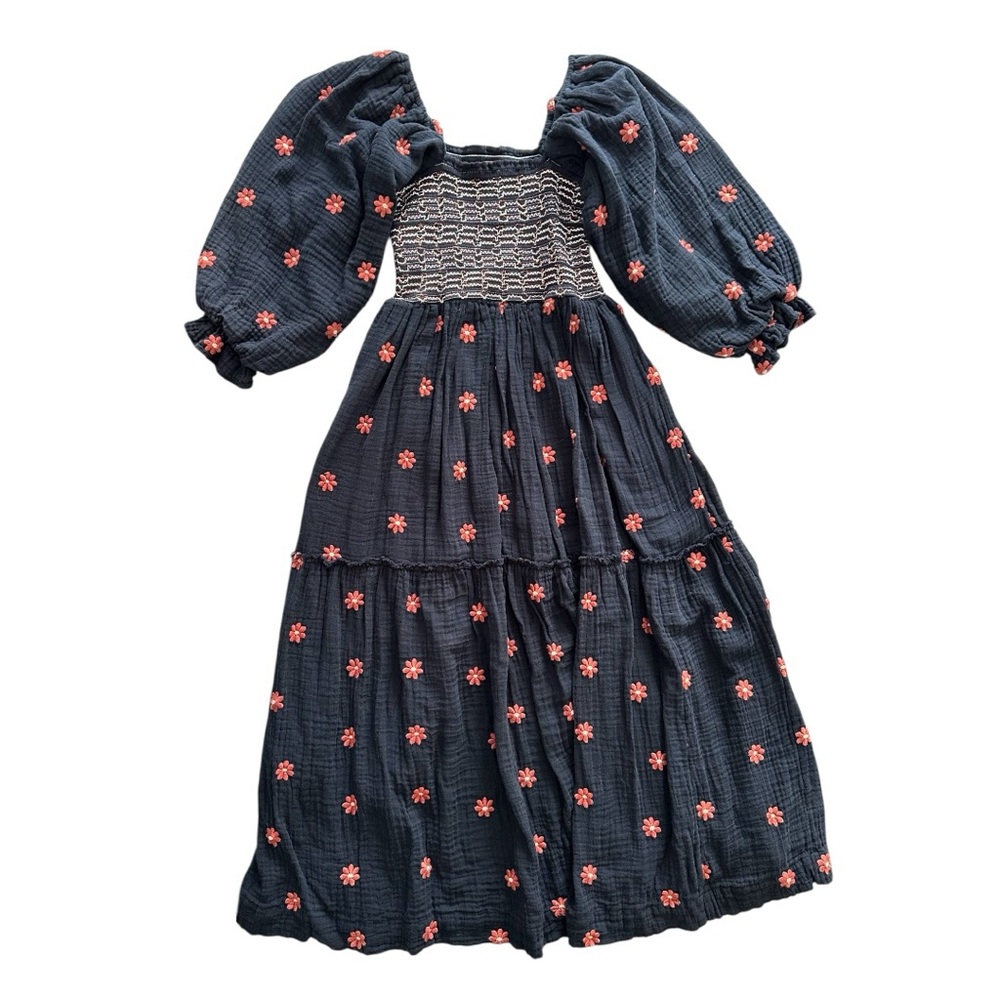 Free People Navy Blue Maxi Dress with Pink Floral Embroidery